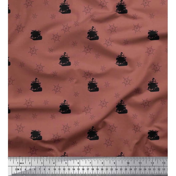 Soimoi Brown Poly Georgette Fabric Ship & Wheel Nautical Print Fabric by the Yard 52 Inch Wide