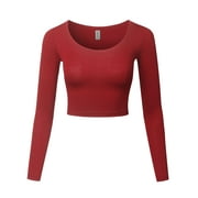 FashionOutfit Women's Made in USA Basic Casual Solid Stretchable Scoop Neck Long Sleeve Crop Top