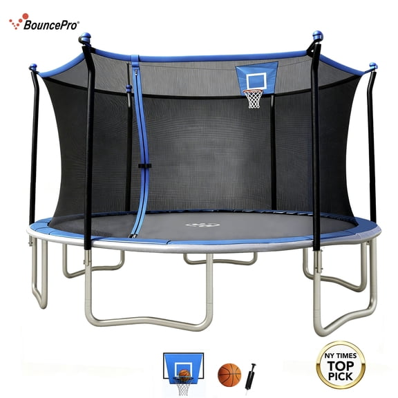 Sportspower BouncePro 14ft Trampoline Meets ASTM Safety Standards, Heavy-Duty Rust-Resistant Steel Frame, UV-Resistant Jump Mat, Safety Net & Basketball Hoop