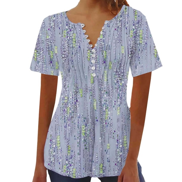 Tops de Algodón para las Mujeres Impreso en V-Cuello Botón Arriba Manga Corta Superior, Imitación Algodón Casual Blusa