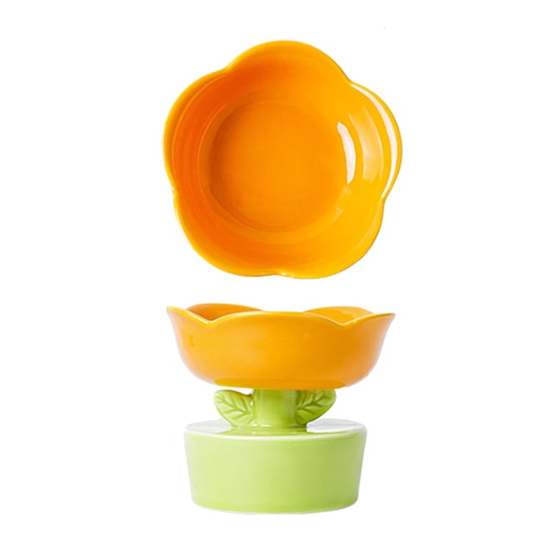 Cuenco de cerámica para comida de gatos, forma de flor bonita, gran capacidad, protección de la columna vertebral, cuenco de comida para mascotas elevado para gatos, perros, mascotas, naranja