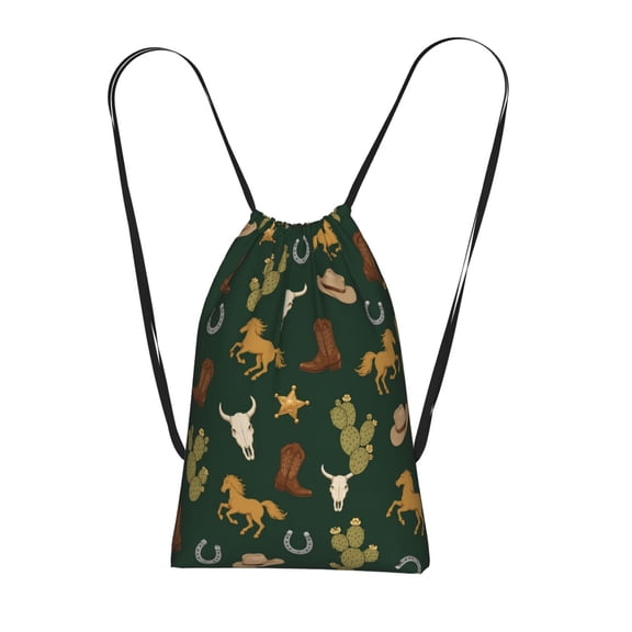 Western Lodge Pattern Textile Packable Drawstring Backpack, Lightweight Foldable Cinch Storage Bag for Gym Travel Shopping