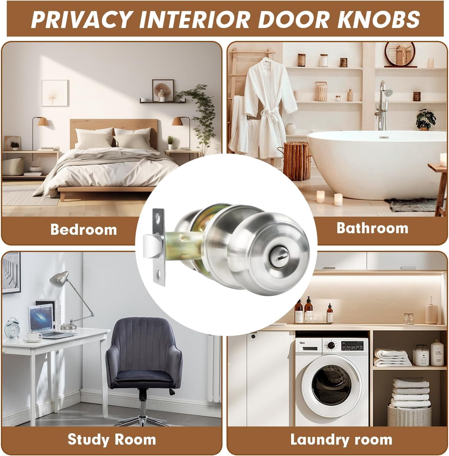 Privacy Door Knobs, 5 Pack Satin Nickel Door Knobs with Lock, Bed and Bath Door Knob Interior Keyless Locksets, Round Door Handles Reversible for Left Right Handed Doors