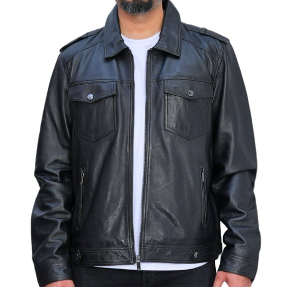 100% Lambskin Polo Collar Café Racer Black Leather Moto Jacket Zip Up Mens