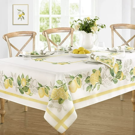 

Newbridge Lemon Orchard Indoor/Outdoor Border Fabric Tablecloth - Fresh Lemon and Citrus Leaf Stain Resistant No-Iron Fabric Tablecloth 70 Inch Round