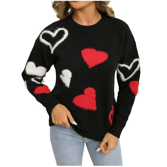 Fengactive Heart Sweater for Women Cute Print Crewneck Long Sleeve Oversized Sweaters 2025 Trendy Knit Pullover Tops