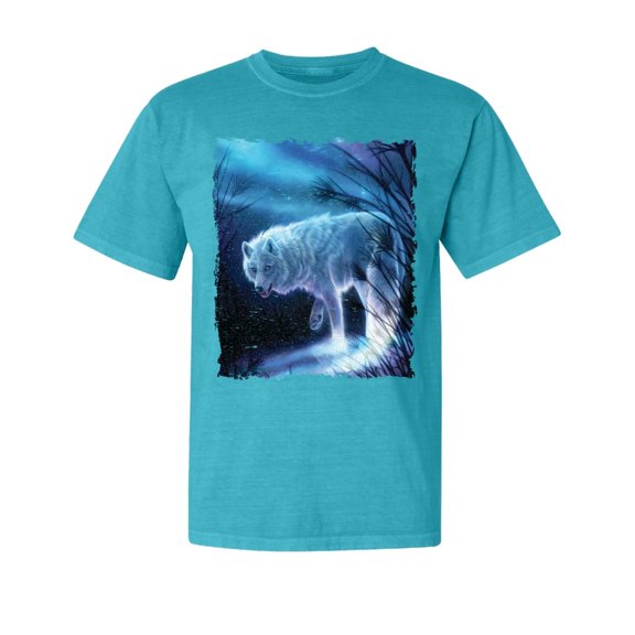 Wild Bobby, Winter Dire Snow Wolf, Animal Lover, Garment-Dyed Washed Look Short Sleeve T-Shirt, Blue Lagoon, Small