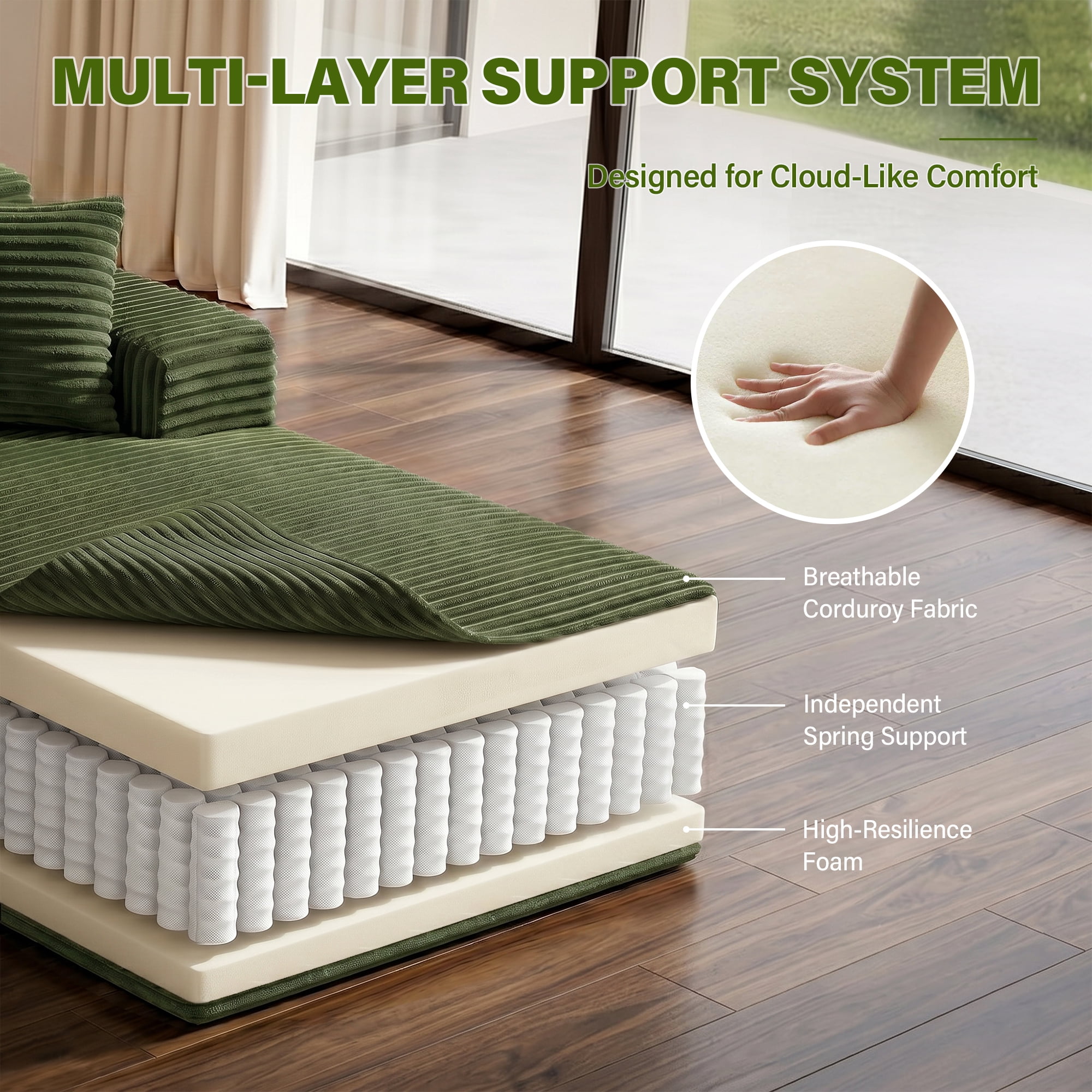 Aukfa 96" Cloud Sectional Couch, Modular L Shaped Boneless Sofa with Right Facing Chaise&2 Storage Pockets, Green