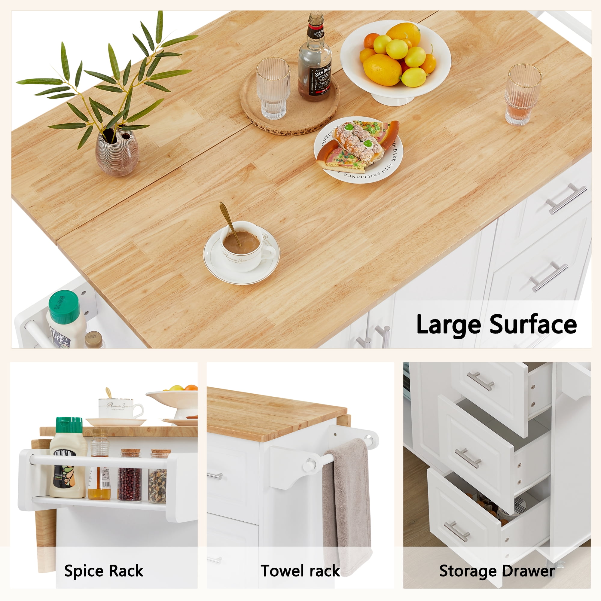Garitin 54"Kitchen Island with Storage, Rolling Small Kitchen Island Cart on Wheels, Drop‑Leaf Countertop Microwave Utility Cart with 3 Drawers & 1 Storage Cabinet, White