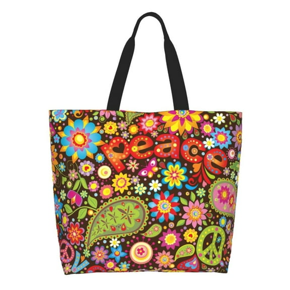 Naloa Hippie Peace Love Tote Bag for Women Large Capacity Shoulder Bag for College Work Travel Shopping