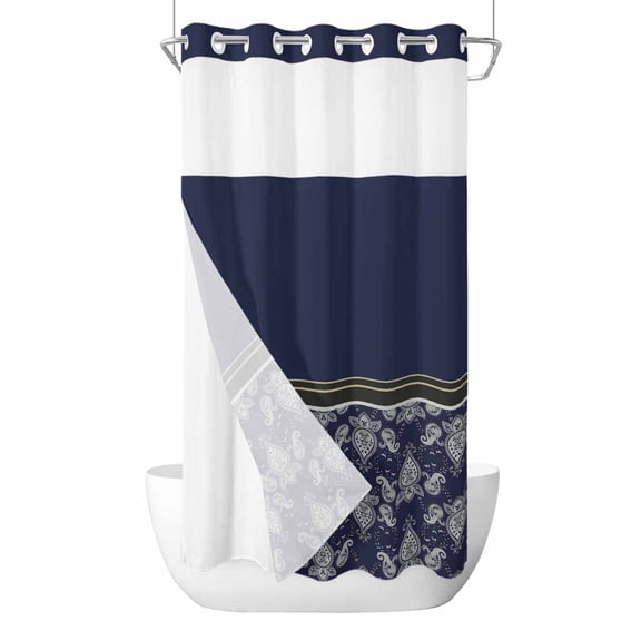No Hook Boho Navy Blue Flower Shower Curtain with Snap in Liner Set, Abstract Bohemia Pesley Floral Waterproof Fabric Bathroom Curtains with See Through Top Window, Hotel Style Small 36 x 72 Inch