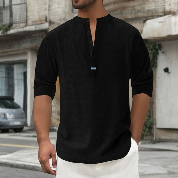 Mqqzkk Mens Long Sleeve 1/4 Button Up Shirt Crew Neck Summer Fashion Dress Shirts Casual Business Golf Daily Tops