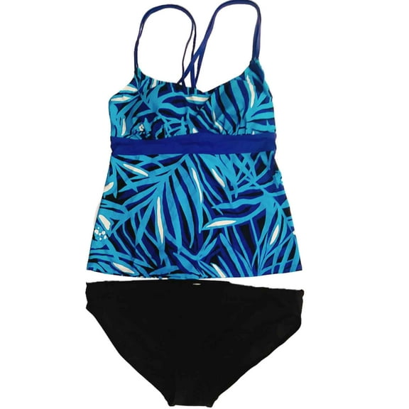 Womens Blue White Black Frangpini Leaf 2 Piece Swimming Suit Tankini Set 16