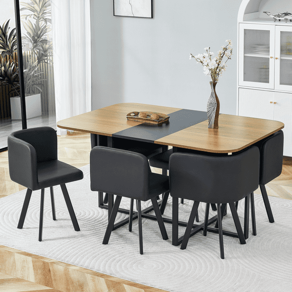 FFZ 7-Piece Dining Table Set for 6 with 6 Black PU Chairs, Wood Grain Melamine Table, Black