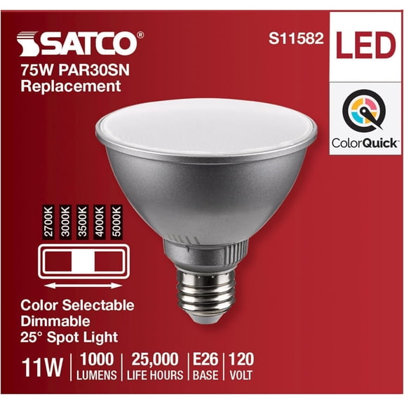 Satco S11582 PAR30SN LED Light Bulbs 11W 120V CCT Select E26 Medium Base Dimmable WET Location (6 Pack)