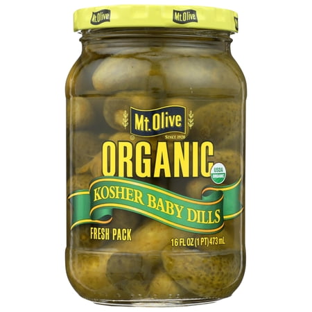 (6 pack) Mt. Olive Organic Kosher Whole Baby Dill Pickles, 16 fl oz Jar
