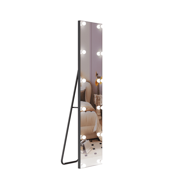 63"x16" LED Floor Mirror with Aluminum Frame, 3 Color Light Bulb Mirror with Touch Control & Shatterproof Glass