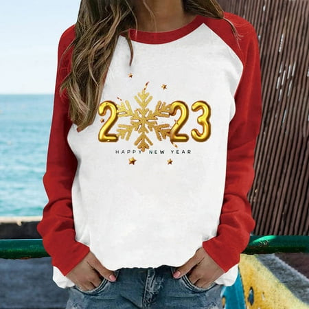 

Aueoeo Workout Shirts for Women Womens Tops Casual 2023 Women s New Year Autumn And Winter Print Casual Long Sleeve Crew Neck Shirt