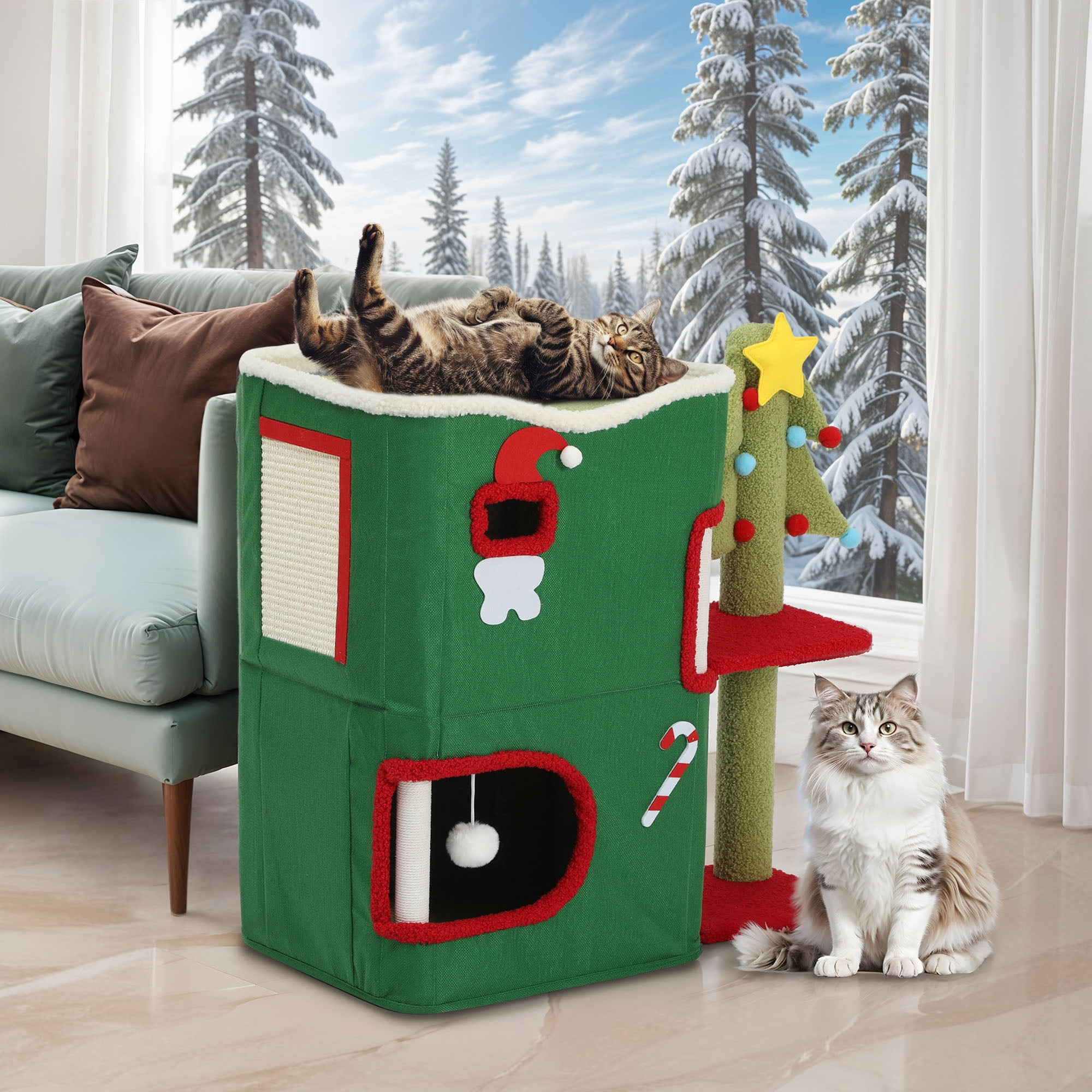 Uforic 2-Level Christmas Cat House, Indoor Cat Play House with Scratching Posts & Hideaway Cave& Hanging Plush Balls, Green