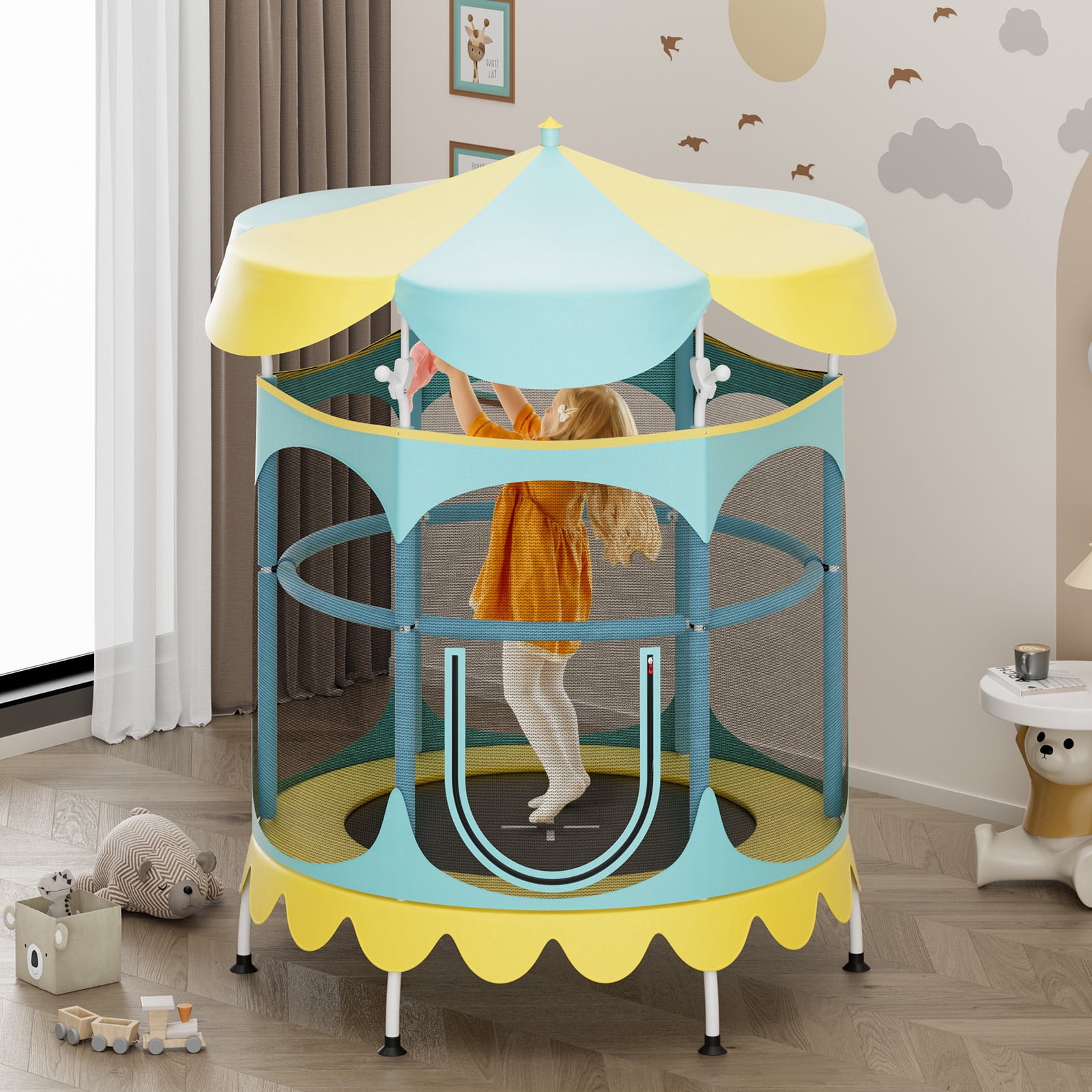 Infans 64" Kids Trampoline w/ Detachable Canopy Safety Enclosure Net Foam Handle Yellow