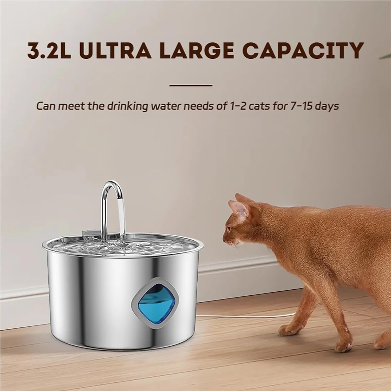Vital Sip Cat Water Fountain - 108oz/3.2L Filtered Silent Stainless Steel Cat Faucet Fountain, VitalSip Dog Fountains with Water Level Viewing Window, Pet Drinking Fountains Indoor
