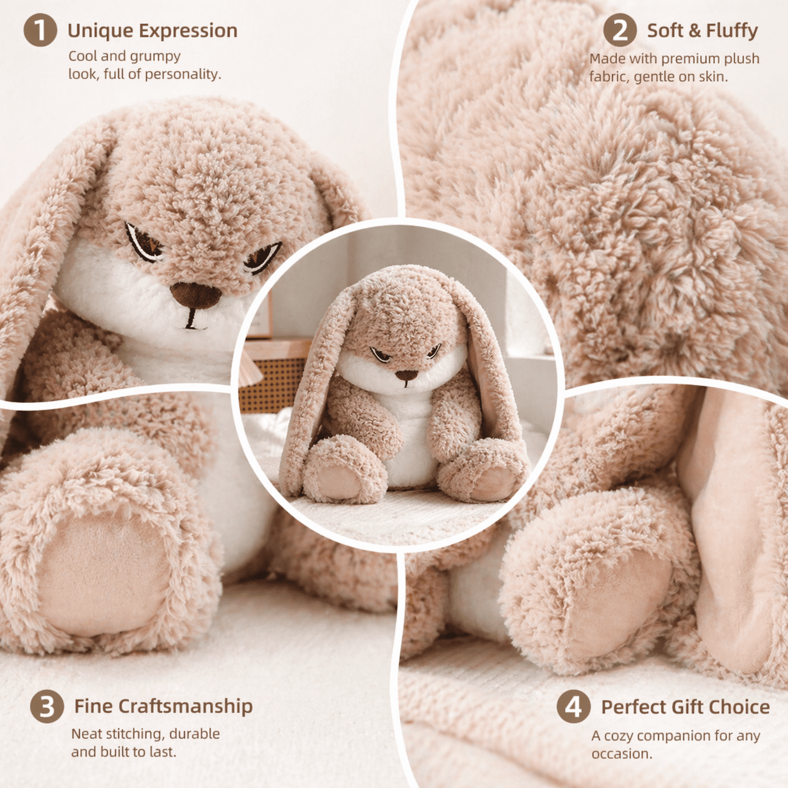 Nini Bunny Grumpy Plush Toy, Soft Stuffed Animal Rabbit, Cute Plush Pillow Gift