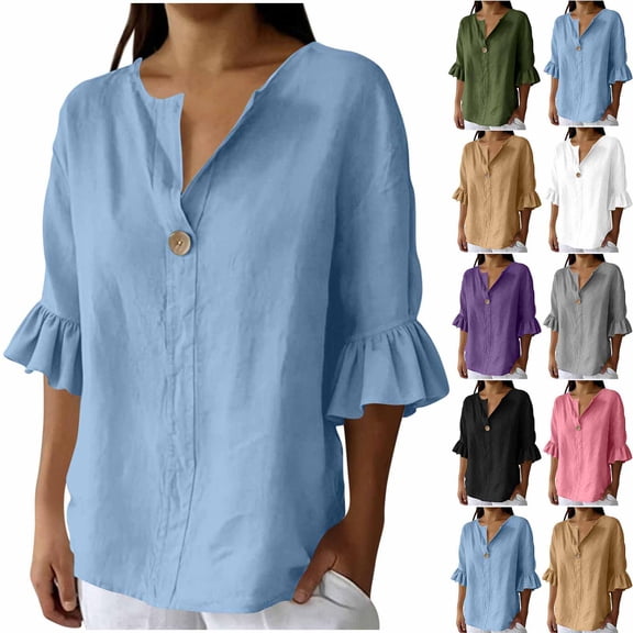 Naotn Ruffle 3/4 Sleeve Linen Shirts for Women Summer Casual Solid Color Button V Neck Tunic Tops