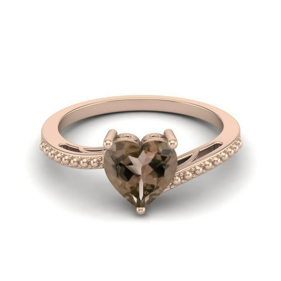 7mm Heart Smoky Quartz 925 Sterling Silver Rose Vermeil Solitaire Beaded Shank Mother's Day Gift Ring