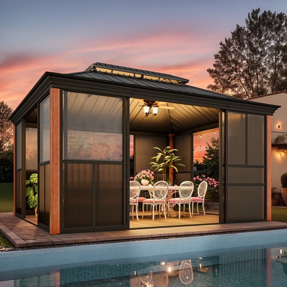 Hommow 12'*14' Sunroom, with Front Door, Side Entrance, Galvanized Steel Double Top, Wood Grain Appearance, Aluminum Alloy Frame, Solarium Backyard Sun Room