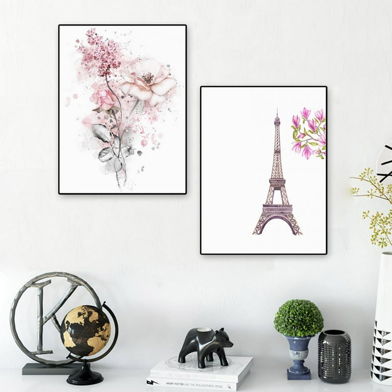 Clearance! EQWLJWE Eiffel Tower Wall Decor Girls Pink Theme Room, Paris  Wall Art Princess Girl Flowers Bedroom Decor ,Canvas Art Framed Posters  Paintings,7.8*9.8inches 