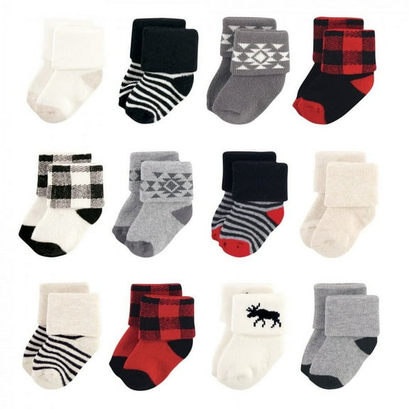 Hudson Baby Infant Boy Cotton Rich Newborn and Terry Socks, Buffalo Plaid Moose, 0-6 Months