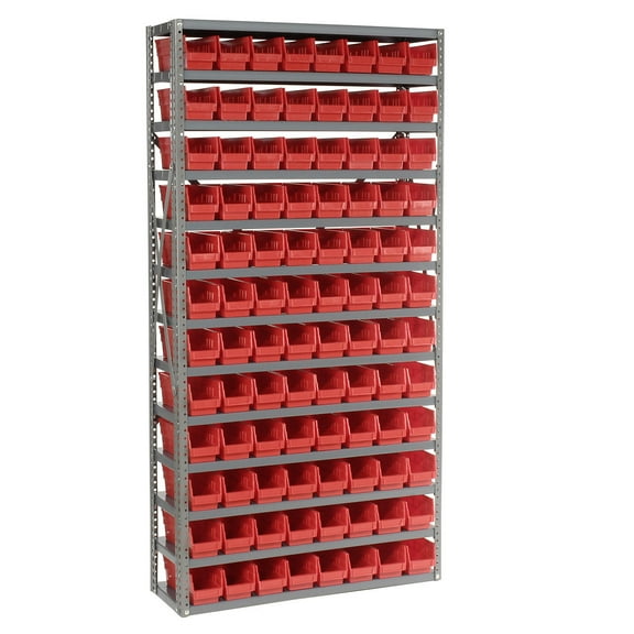 13 Shelf Steel Shelving with (96) 4"H Plastic Shelf Bins, Red, 36x12x72