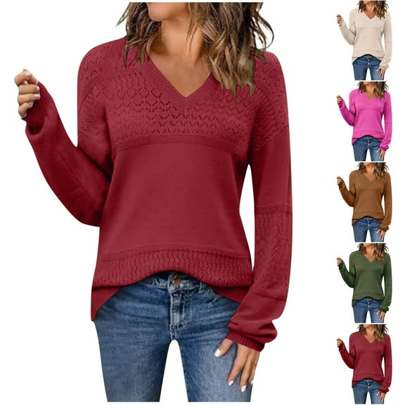 Olyvenn Womens Fall Sweater Casual Long Sleeve Pullover Tops V Neck Lightweight Pullover Ribbed Knit Dressy Tops Coffee XXL