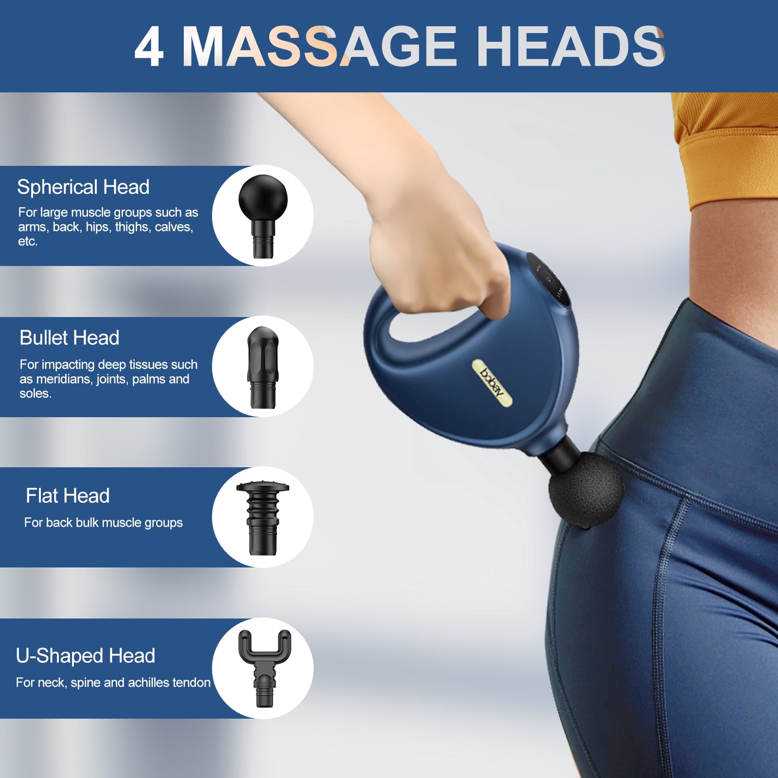 BoBay Mini Ring Massage Gun, Portable Deep Tissue Muscle Massager Powerful Brushless High Torque Motor, Quiet 4 Speeds Fascia Gun 4 Heads for Back Neck Shoulder Body Massagers Relaxation