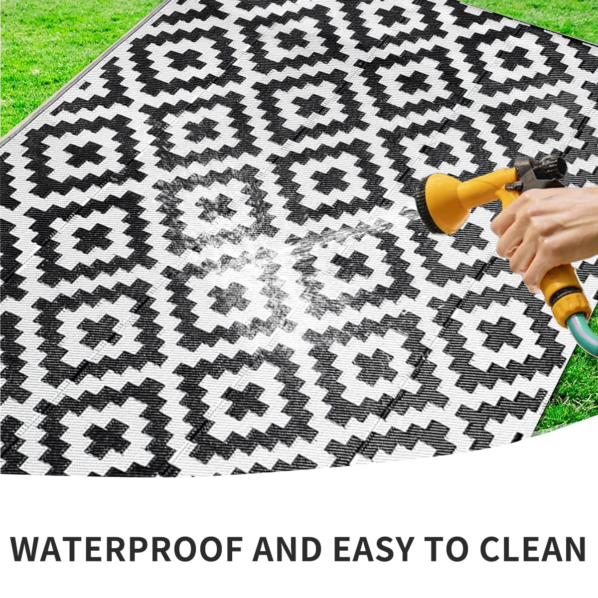Kzaei Waterproof Outdoor Rug, 8'x10' Reversible Plastic Camping Area Rugs, Black & White