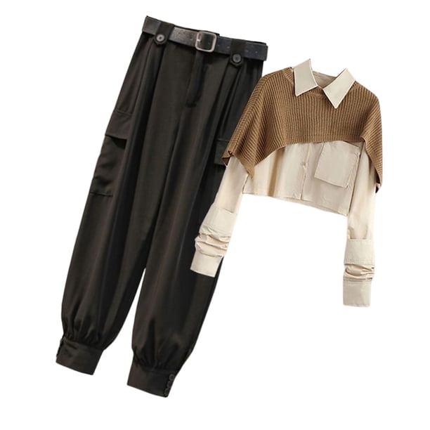 Minnieouse Camisa de piezas para mujer, pantalones, conjunto de patrón de empalme, camisa chal, Retro, informal, ligero, portátil, ropa para conjuntos de ropa Albaricoque Caqui Negro2 Minnieouse AP013495-08