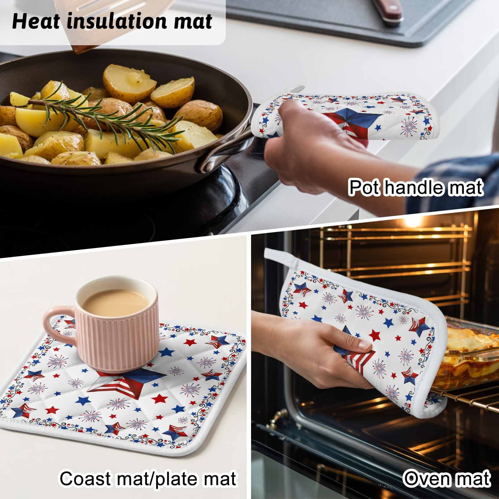 Blue Red Pentagram Pot Holders for Kitchen Heatproof Potholder, 5 Pack Independence Day Retro Country Hot Pads Multipurpose Oven Pads Cloth Potholders Trivet for Cooking Baking