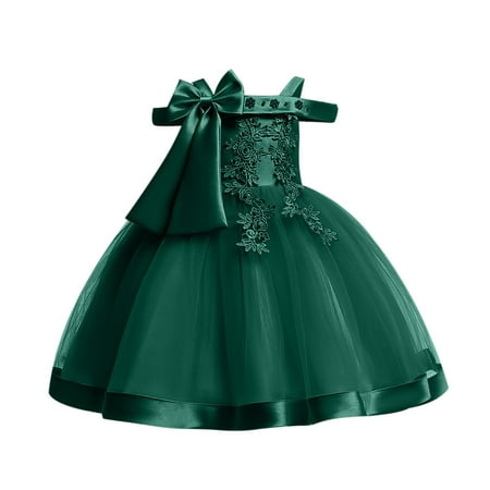 

FRSASU Toddler Girls Temperament Minimalistic Bowknot Embroidered Flower Net Yarn Birthday Party Gown Dresses Green 5-6 Years