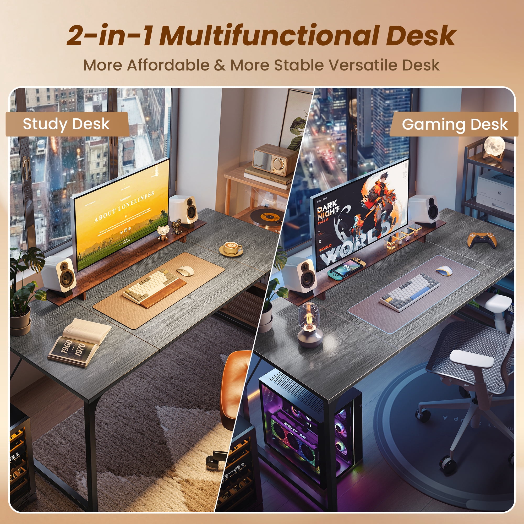 63" Computer Desk, Modern Office, Study & Gaming Desk with Storage, Large Legroom, Sturdy Metal Frame