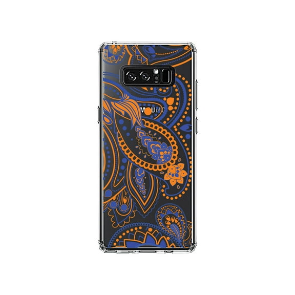 DistinctInk Clear Shockproof Hybrid Case for Samsung Galaxy Note 8 - TPU Bumper, Acrylic Back, Tempered Glass Screen Protector - Orange and Blue Paisley