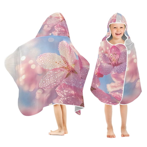 BZSMCE Towels Kids Hooded Beach Towel Pink Flowers with Water Droplets Pool Bath Towel Soft