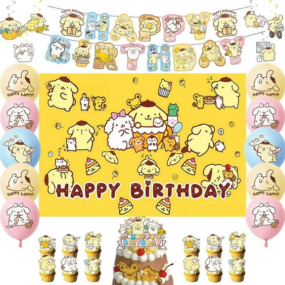 Cartoon Pom Pom Purin themed birthday party supplies decorations, including birthday banners, backdrops, balloons, cake inserts and cake decorations, suitable for boys and girls