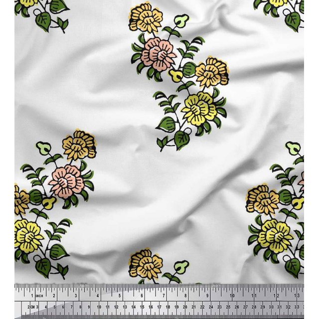 Soimoi Silk Fabric Leaves & Floral Block Decor Fabric Printed Yard 42 Inch Wide