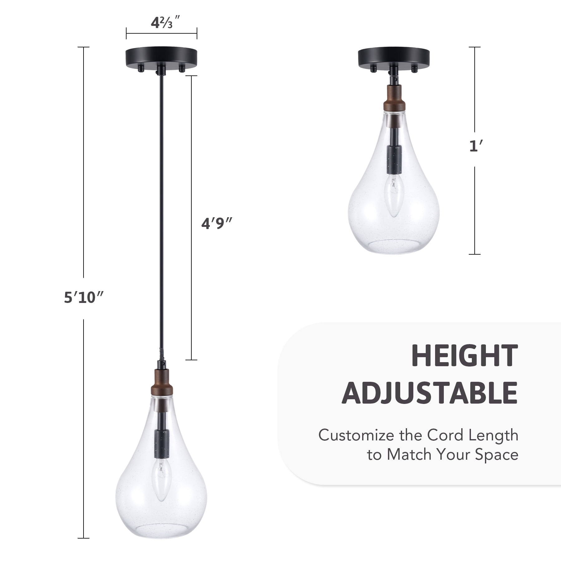 Farmhouse Semi Flush Mount Ceiling Light Fixture with Teardrop Glass Shade and Wood Accent for 40W E12 Bulbs, Walnut and Black Finish