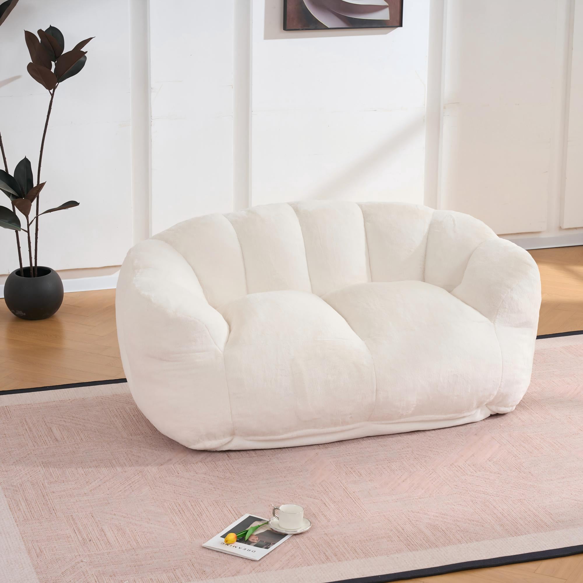 MAYEERTY 60" Ultra Soft Fluffy 2-Seater Bean Bag Sofa, Beige High Density Foam Floor Lazy Chair for Living Room Bedroom