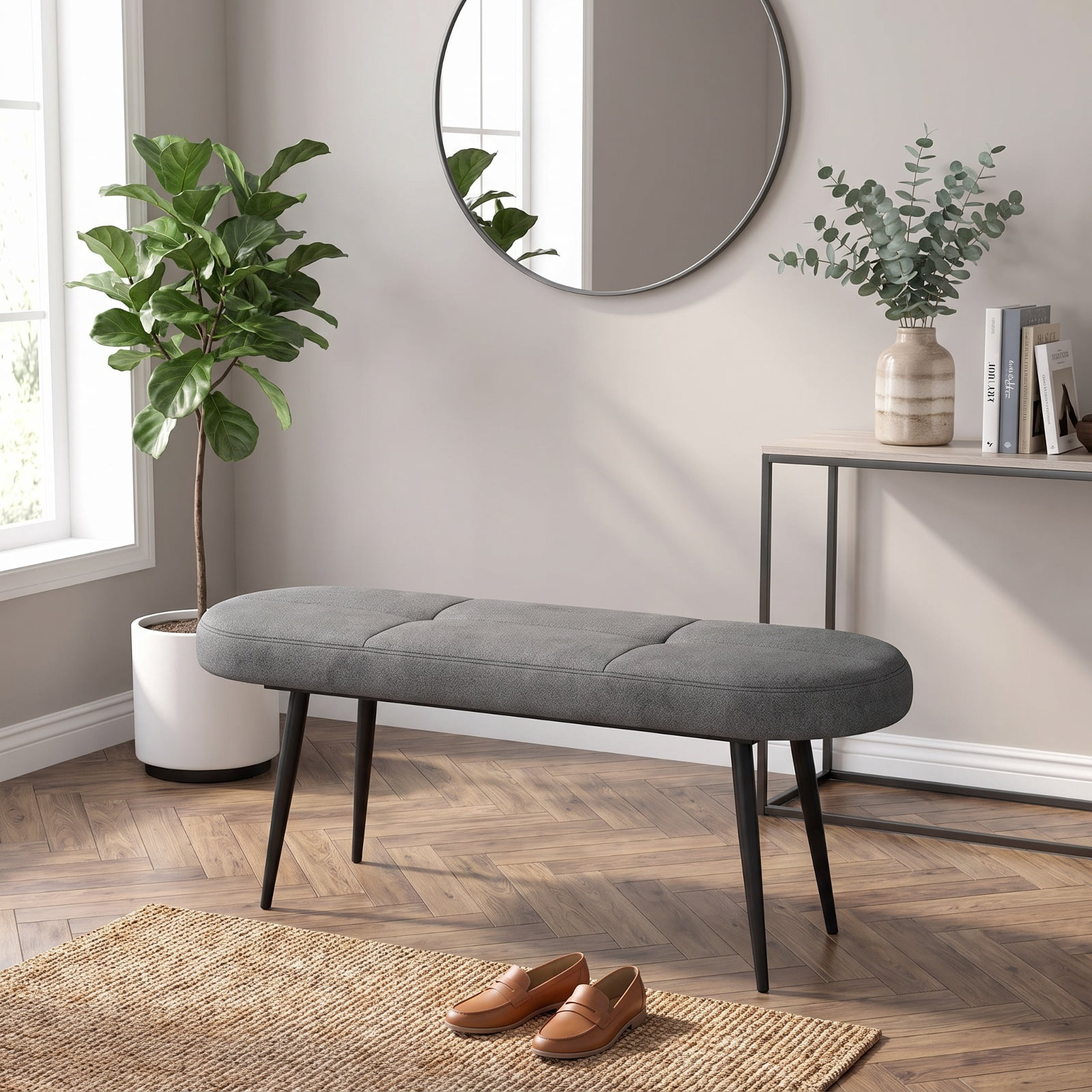 Furnibear 47 Inch Upholstered Entryway Bench with Button Tufted Cushioned Seat and Heavy Duty Metal Frame for Bedroom Foyer Dining Room, Gray