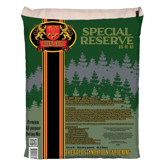 Royal Gold Special Reserve Premium Potting Mix, 1.5 Cubic Foot - All-Purpose Soil for Indoor & Outdoor Container Gardens - Coco, Composted Forest Material, Peat Moss & Perlite, Pre-Fertilized Blend