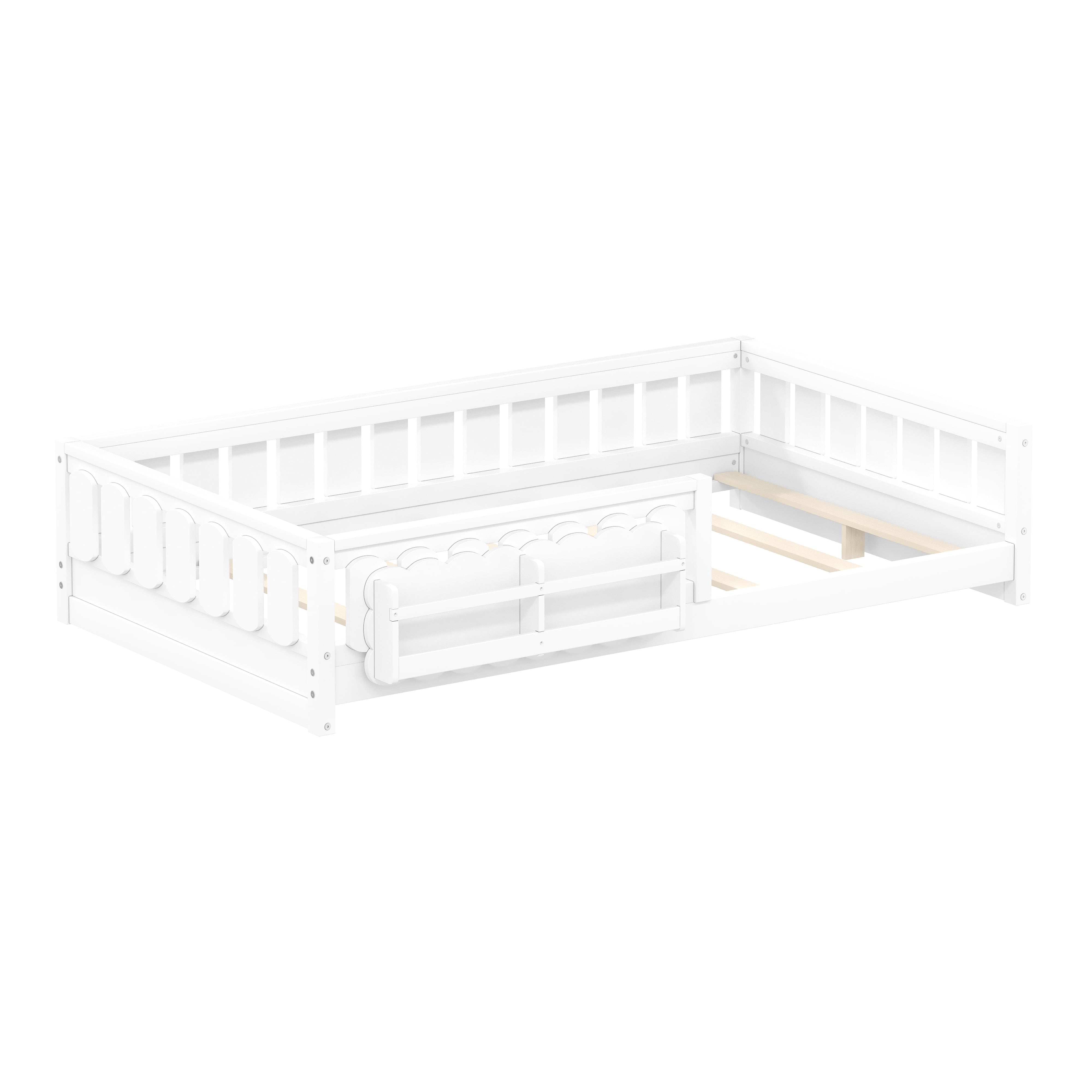 Euroco Wood Twin Size Platform Bed with Shelves, Floor Bed with Guardrails, White