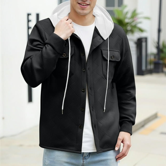 Men's Hooded Jackets Fashion Solid Colour Long Sleeved Hooded Drawstring Pocket Button Jackets Black 3XL