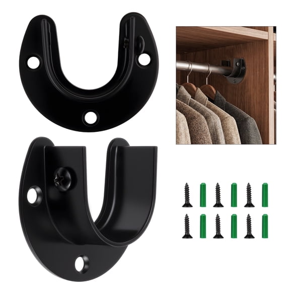 WellMade Heavy Duty Closet Rod Bracket U Shape Black Stainless Steel 1-3/8" Wall Mount Closet Rod Holders Closet Brackets for Rod with Hardware